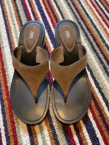 Zara brown black suede thong - brown/black,