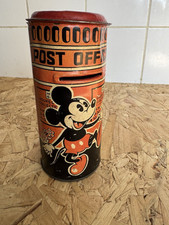 Rare 1930s Disney Mickey Mouse Minnie Mouse Post Office Tin Bank Money Box vtg