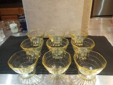 NINE  Vaseline Glass Anchor Hocking Yellow Depression Sherbet  BLOCK OPTIC 1930s