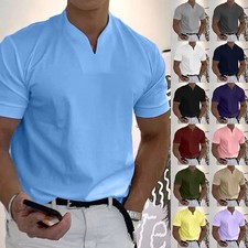 Mens Grandad Henley Shirts Tops V Neck Short Sleeve Casual T-Shirt Blouse Tee