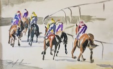 ORIGINAL watercolour Racing Horses St Malo France 18"x13" Marilyn Allis