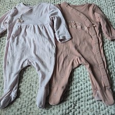 M&S Baby Girl Sleepsuit Age 0-3 Months Pink Floral Cotton Snap Closure