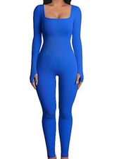 Womens Ribbed Long Sleeve Jumpsuit Low Cut Stretchy Playsuit Rompers Leggings UK