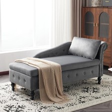 Velvet Chaise Lounge Sofa w/Storage & Pillow Right Armrest Grey Tufted