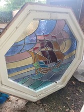 Vintage Leaded Stained Glass Window Sailing Ship Boat Seaside Sea Lake Nautical 