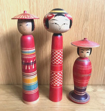 Japanese Kokeshi doll x3, hat
