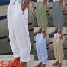 Plus Size Ladies Cotton Linen Casual Long Pants Womens Solid Straight Trousers