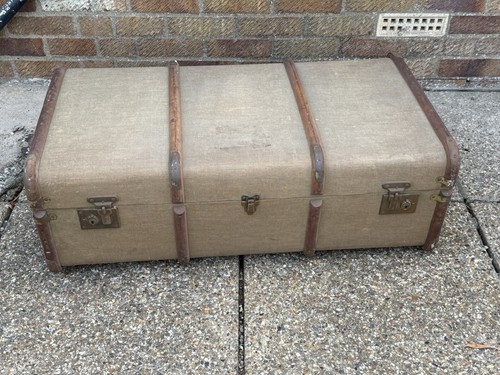 Wooden banded steamer trunk - wooden, /
