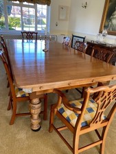 Dining table in oak and 8 chairs. Removable leaves so can be used as billiard ta