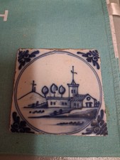18th Century English Delft Tile Depicting A Building & Landscape 5x5 Inch