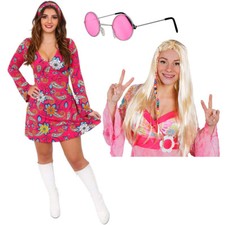 LADIES 1960S 1970S HIPPY FANCY DRESS COSTUME HIPPY WOMENS OUTFIT FLOWER POWER