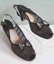 Vintage 1950s Shoes Black Lace Ladies Sling Back Peep Toe Lucite Bow UK Size 5½