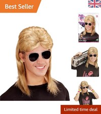 Authentic 80s Blonde Mullet Wig with Transparent Glasses - Fun Costume Set