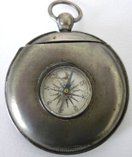 Antique White Metal Pocket Watch Shaped Vesta Case With Compass