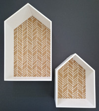 2 Wooden Deep Frame House Shaped Display Box Shelves White Vintage Herringbone