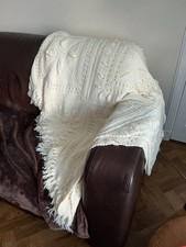 Vintage Hand Knitted Blanket Throw Afghan, Cream, 142cm X 220cm