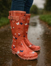 Womens Wyre Valley Wellies 3-8 Pink Butterfly Print-Waterproof Rubber Welly Boot