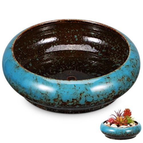 Round blue ceramic - flower, pot
