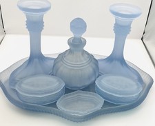 Vintage Pale Blue Frosted Glass 7 piece Dressing Table Set incl Tray
