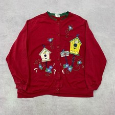 Vintage Sweatshirt Cardigan cottagecore bird house patterned button up cardi