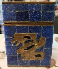 Beautiful Rare Vintage MCM Mexican Salvador Teran Blue tile & Brass Mosaic Box