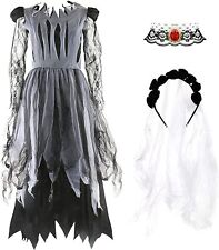 LADIES GHOST BRIDE COSTUME RIPPED HALLOWEEN FANCY DRESS AND VEIL DEAD WEDDING 