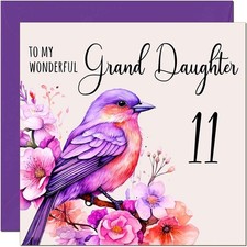 11th Granddaughter Birthday Card Purple Watercolour Bird Design for Eleven-Year