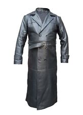 Men's Real Black Leather Trench Coat Full Length Double Breast Jacket