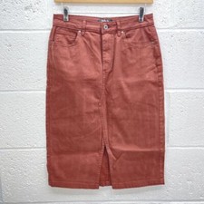 TU BROWN DENIM MIDI SKIRT PENCIL SPLIT FRONT HEM LOW WAIST STRETCH Y2K UK 10