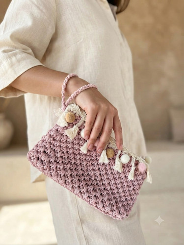 Pink cotton crochet pouch - pink,