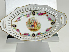 Pretty Vintage German White Porcelain Bowl with Lattice Cut Outs & Gold Trim