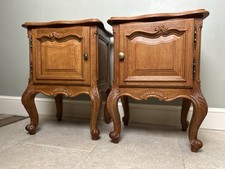 Pair French Solid Oak Louis XV Style Bedside Carved Cupboard Cabinets Drawers