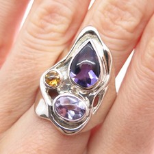 HAGIT GORALI 925 Sterling Silver Vintage Real Amethyst & Citrine Ring Size 9.25