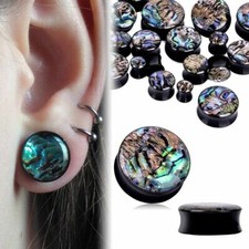 PAIR-BLACK ACRYLIC AND ABALONE SHELL EAR PLUGS EAR GAUGES FLESH TUNNELS 8-25MM