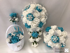 Wedding Flowers Ivory  bouquet, Bride Bridesmaid Flower Girl wand turquoise