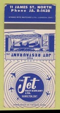 Matchbook Cover - Jet Restaurant Hamilton ON SAMPLE WEAR 30 Strike