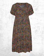 Ex Women’s Plus Size Curve Floral Button Up  Tea Dress in Navy Blue