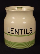 RARE GREEN BANDED LENTILS JAR with LID KLEEN KITCHEN WARE STAFFORDSHIRE MINT