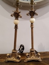 Pair of Ornate Table Lamps with Floral Decor And Onyx Inset Stone