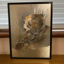 Vintage Dufex Foil Art. Tiger & Cub.  Beautifully made.  12.5 / 16.5 inches 