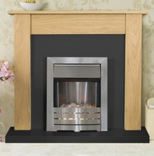 ELECTRIC FIRE OAK FIREPLACE SURROUND BLACK HEARTH BRUSHED STEEL PEBBLES BNIB