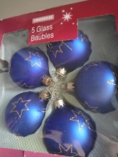 Vintage Box Blue & Gold Star Glass Christmas Xmas Tree Decorations Homebase