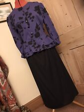 VINTAGE 80s EVENING SKIRT SUIT JACKET BLACK PURPLE PEPLUM SHOULDER PADS PENCIL