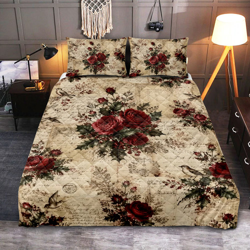 Vintage red rose quilt - vintage, bedding