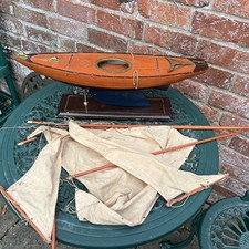 Large Clinker Built Wooden Pond Yacht, Vintage With Cotton Sails.
