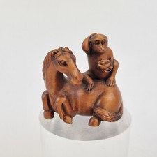 Finely Carved Wood Japanese Netsuke Figure Monkey On Horse Signed 4.2cm Long