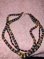Wooden Button & Ceramic Bead Colourful Adjustable Necklace,3 strand