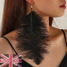 BIG long LUSH BLACK OSTRICH feathers RETRO vintage style LARGE EARRINGS feather