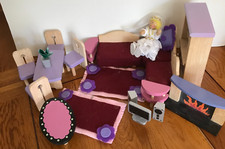 Group of Wooden Toy Dolls House Furniture Items + Doll - Ref Lot 5