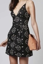 Topshop Embroidered Textured Floral Skater Spaghetti Strap Dress Size 10
